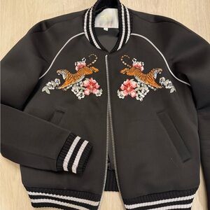 Maje Black Bomber Jacket with Tiger & Floral Embroidery size small